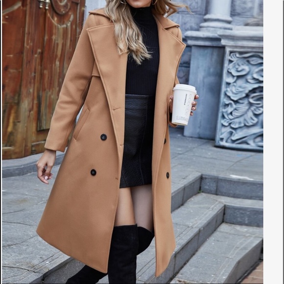 Double Breasted Button Trench Pea Coat Camel - Picture 6 of 7
